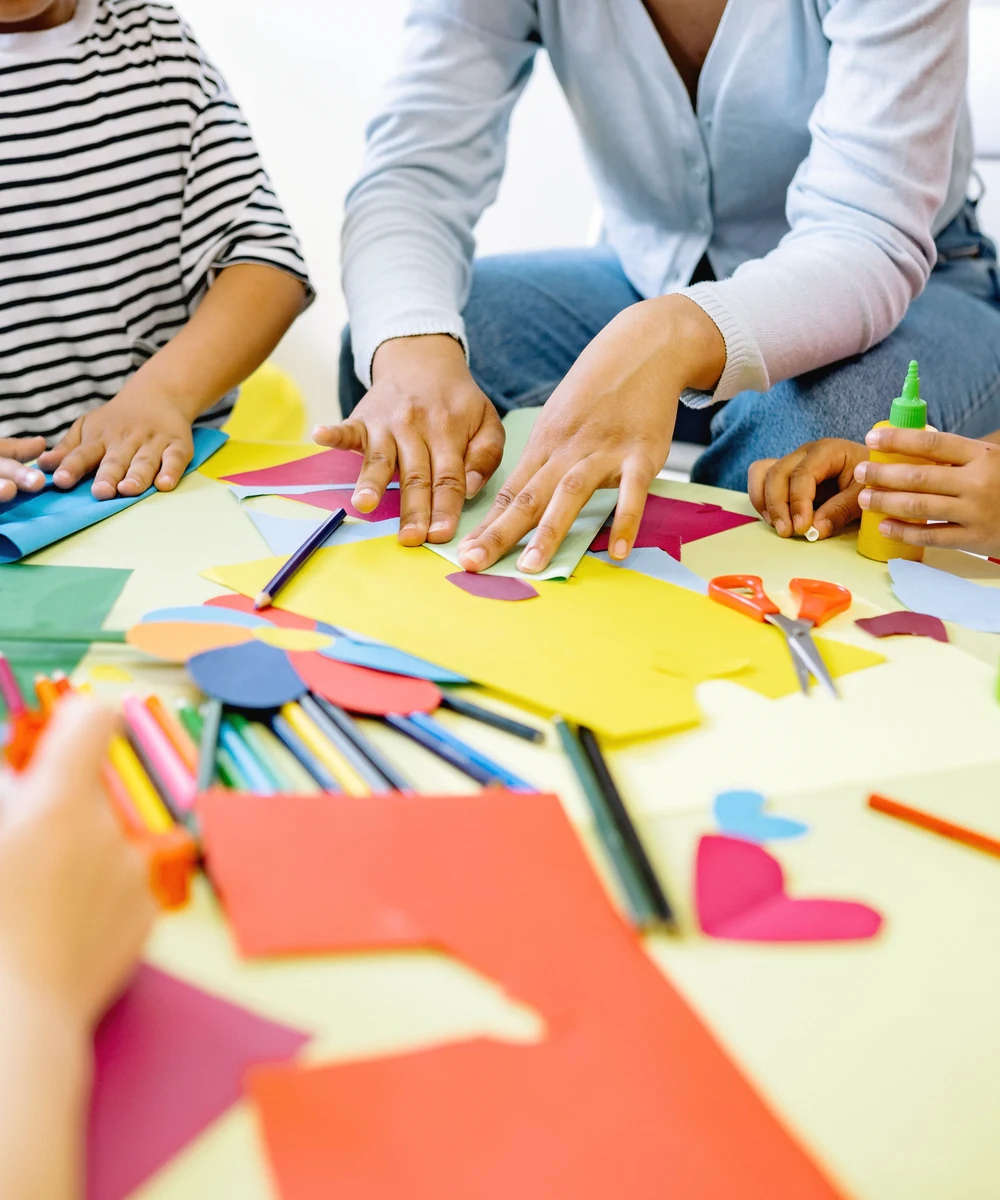 A family participating in a collaborative learning activity